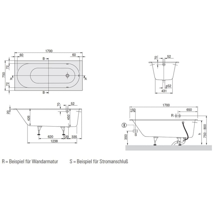 Villeroy & Boch Oberon Solo Badewanne 170 x 75 cm, Hydropool Comfort, Technik Position 2, mit Trio Ablaufgarnitur