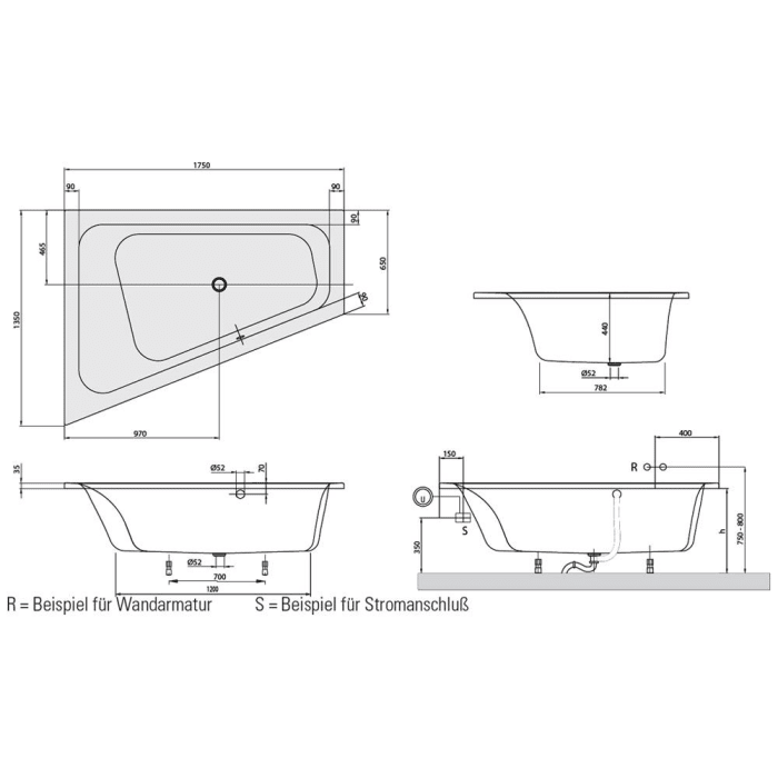 Villeroy & Boch Loop & Friends Square Eckbadewanne 175 x 135 cm, links, Hydropool Comfort, Technik Position 1