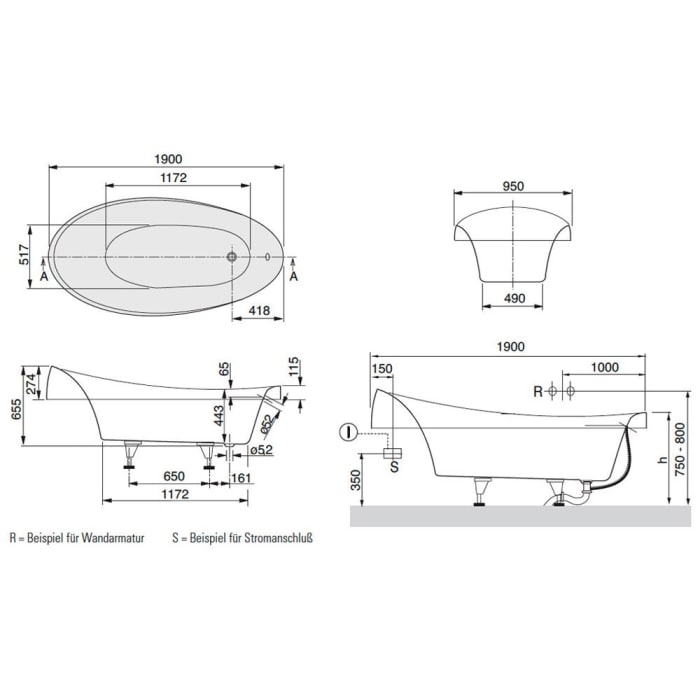 Villeroy & Boch Aveo Badewanne 190 x 95 cm, Hydropool Comfort, Technik Position 1, mit Trio Ablaufgarnitur
