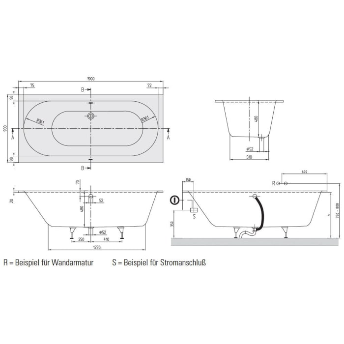 Villeroy & Boch Oberon Duo Badewanne 190 x 90 cm, Hydropool Comfort, Technik Position 1