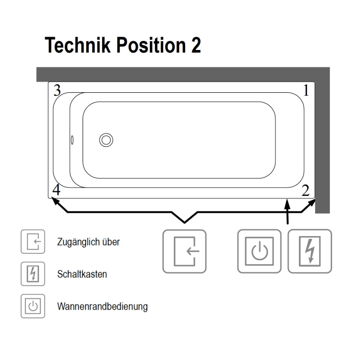 Villeroy & Boch Architectura Solo Badewanne 170 x 75 cm, Hydropool Entry, Technik Position 2, mit Trio Ablaufgarnitur