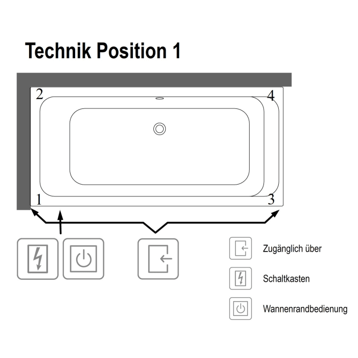 Villeroy & Boch Architectura Duo Badewanne 180 x 80 cm, Hydropool Entry, Technik Position 1, mit Trio Ablaufgarnitur