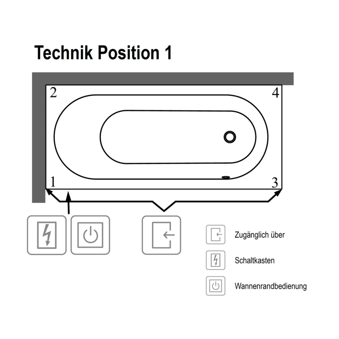 Villeroy & Boch Oberon Solo Badewanne 170 x 70 cm, Hydropool Entry, Technik Position 1, mit Trio Ablaufgarnitur