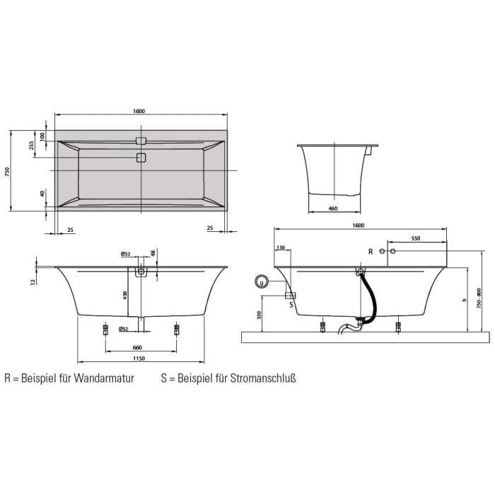 Villeroy & Boch Squaro Edge 12 Duo Badewanne 160 x 75 cm, Hydropool Entry, Technik Position 2, mit Trio Ablaufgarnitur