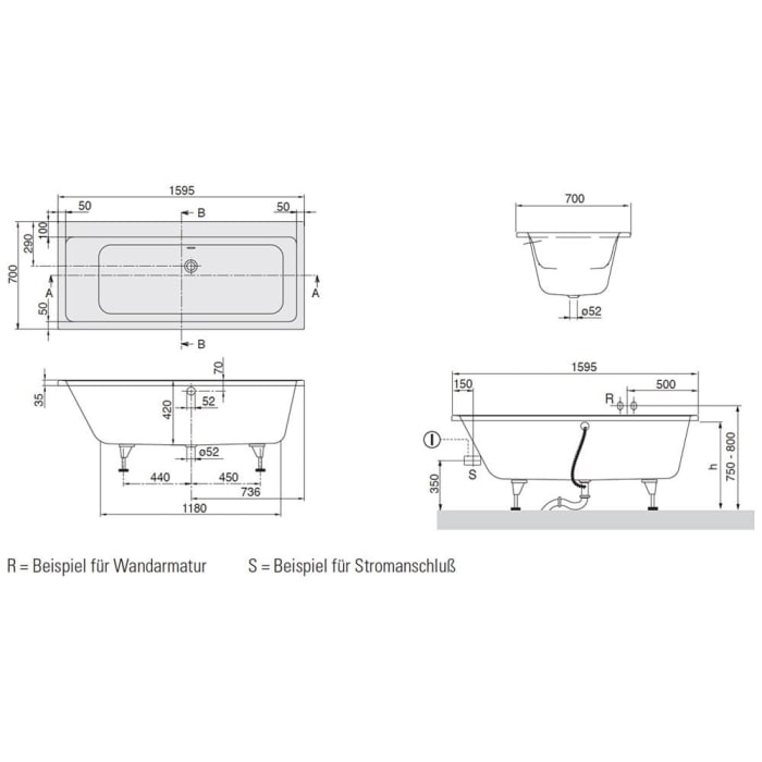 Villeroy & Boch Subway Duo-Badewanne 160 x 70 cm, Hydropool Entry, Technik Position 2
