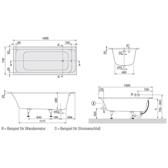 Villeroy & Boch Architectura Solo Badewanne 170 x 70 cm, Hydropool Entry, Technik Position 1