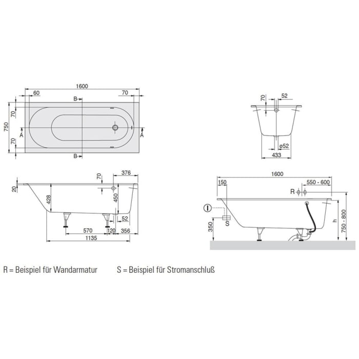 Villeroy & Boch Oberon Solo Badewanne 160 x 75 cm, Special Combi Pool Active, Technik Position 2, mit Trio Ablaufgarnitur