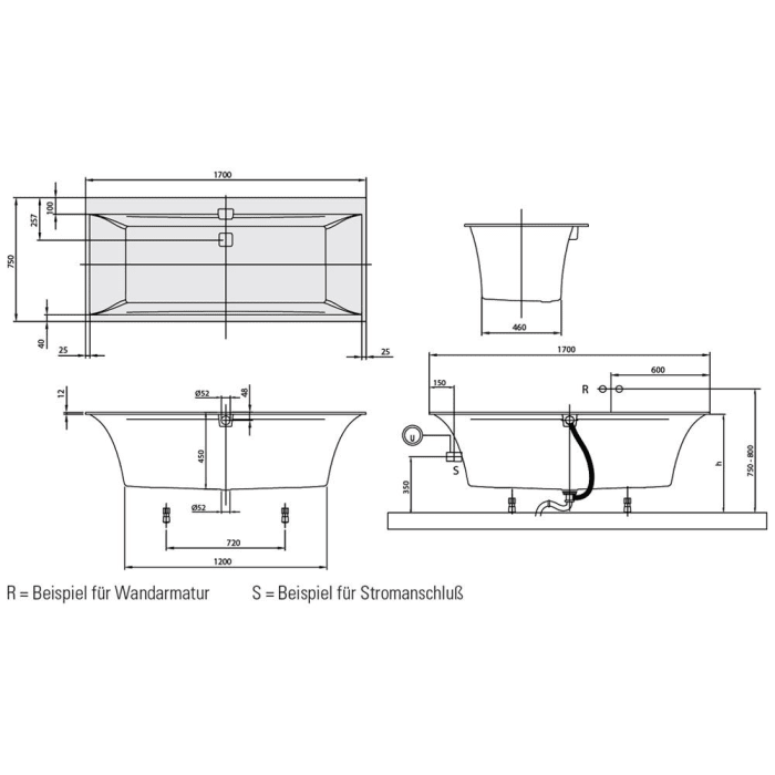 Villeroy & Boch Squaro Edge 12 Duo Badewanne 170 x 75 cm, Special Combi Pool Active, Technik Position 2