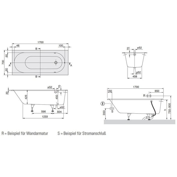 Villeroy & Boch Oberon Solo Badewanne 170 x 70 cm, Special Combi Pool Active, Technik Position 1