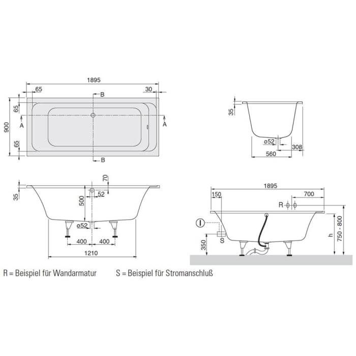 Villeroy & Boch Architectura Duo Badewanne 190 x 90 cm, Special Combi Pool Active, Technik Position 2, mit Trio Ablaufgarnitur