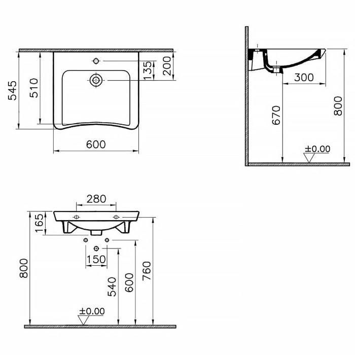 VitrA Conforma Waschtisch 60 x 54,5/51 cm mit Hahnloch, ohne Überlauf