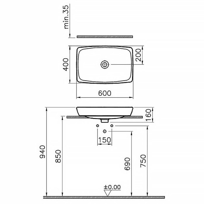 VitrA Metropole Aufsatzwaschtisch 60 x 40 cm ohne Überlauf, geschliffen