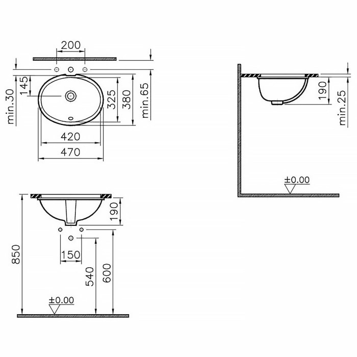 VitrA S20 Unterbauwaschtisch oval 47 x 38 cm