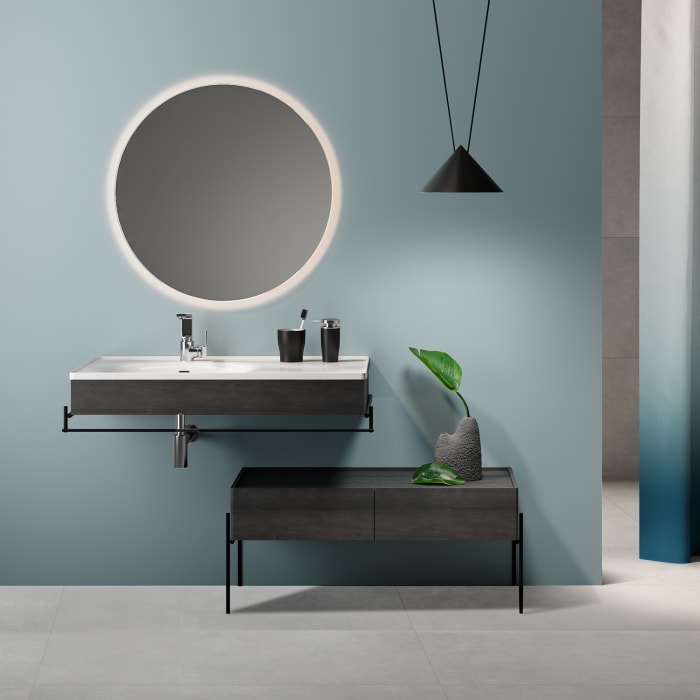 VitrA Equal Set Holzblende und Möbelwaschtisch asymmetrisch