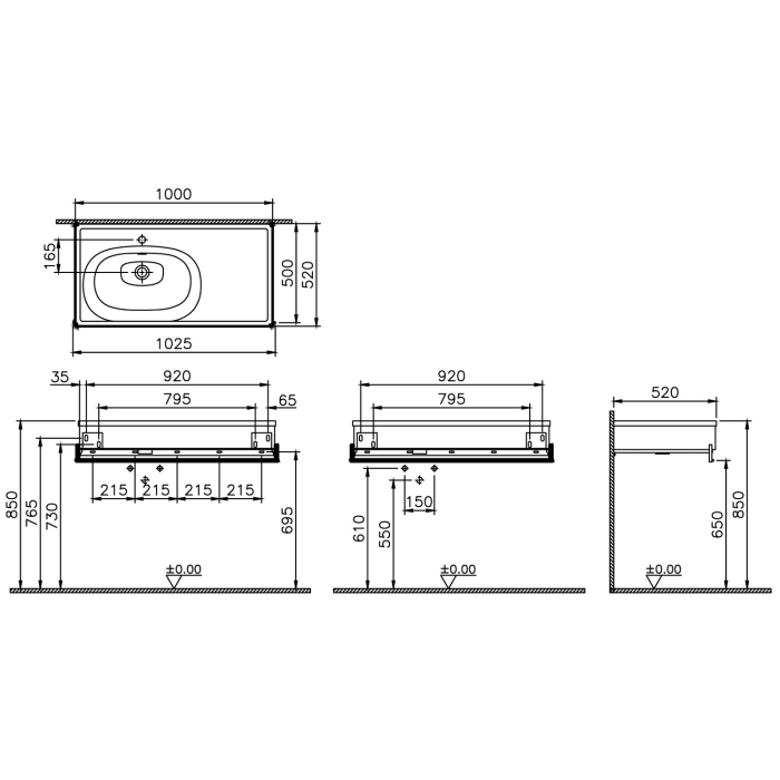 VitrA Equal Set Holzblende, Handtuchhalter und Möbelwaschtisch asymmetrisch, Ulme