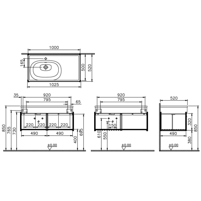 VitrA Equal Set Holzblende, Ablage und Möbelwaschtisch asymmetrisch