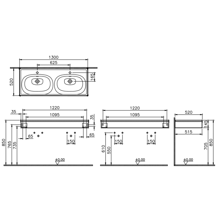 VitrA Equal Set Holzblende und Doppelmöbelwaschtisch asymmetrisch