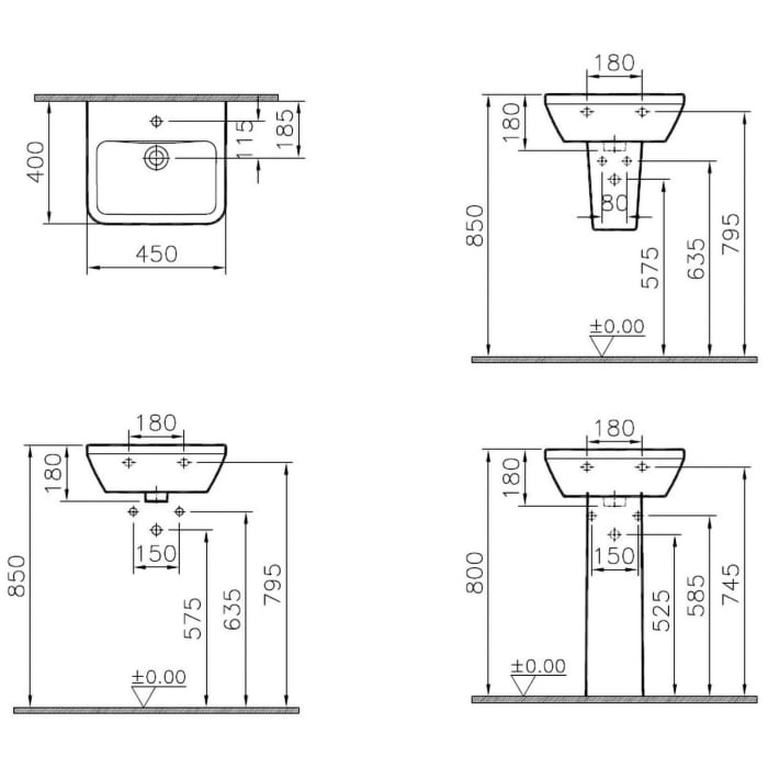 VitrA Integra Handwaschbecken 45 cm, mit Überlaufloch, 1 Hahnloch mittig