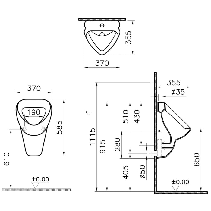 VitrA Options Normus Urinal 37 x 35,5 cm, Zulauf oben