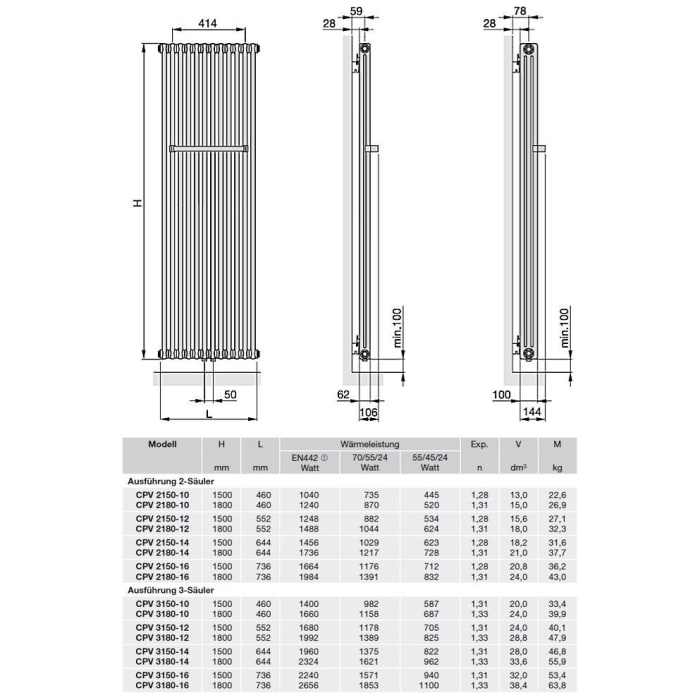 Zehnder Charleston Bar CPV 3150-16 Badheizkörper 76,1 x 150 cm