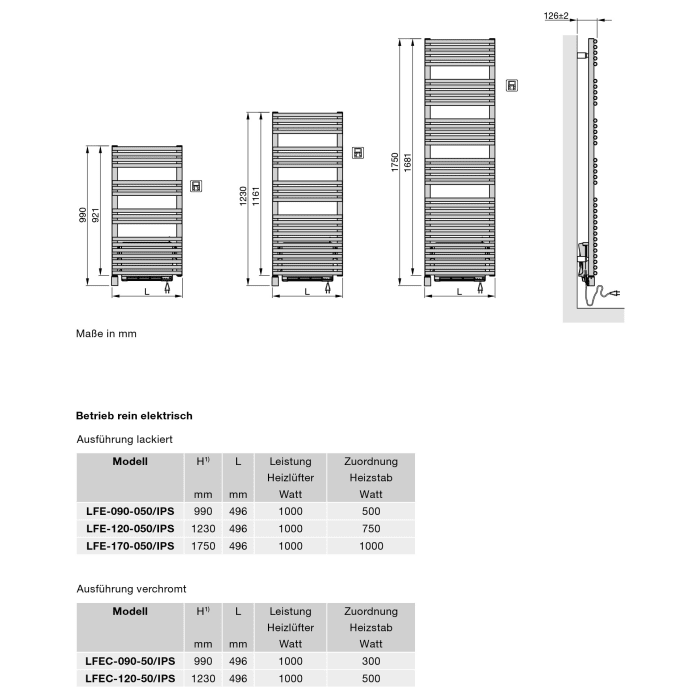 Zehnder Forma Air LFE-120-050/IPS Heizkörper 49,6 x 123 cm Elektro-Anschluss