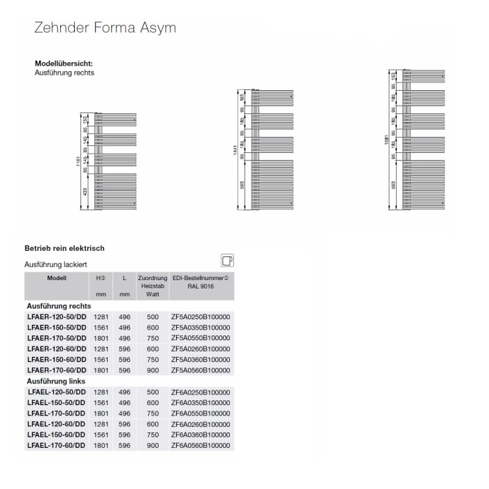 Zehnder Forma Asym LFAEL-150-60/DD Handtuchwärmer 59,6 x 156,1 cm links mit DBM