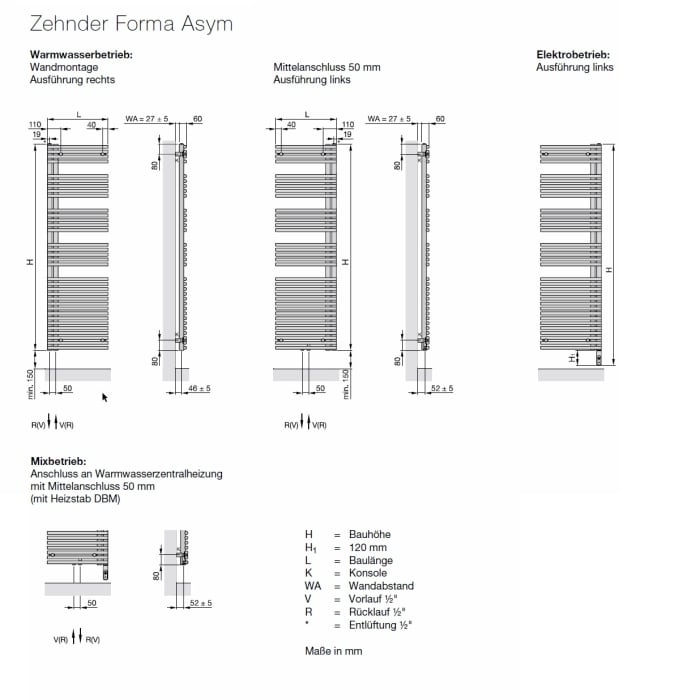 Zehnder Forma Asym LFAEL-170-60/DD Handtuchwärmer 59,6 x 180,1 cm links mit DBM