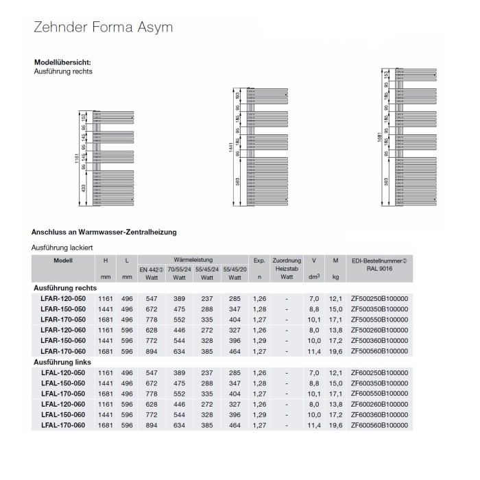 Zehnder Forma Asym LFAR-170-050 Badheizkörper 49,6 x 168,1 cm