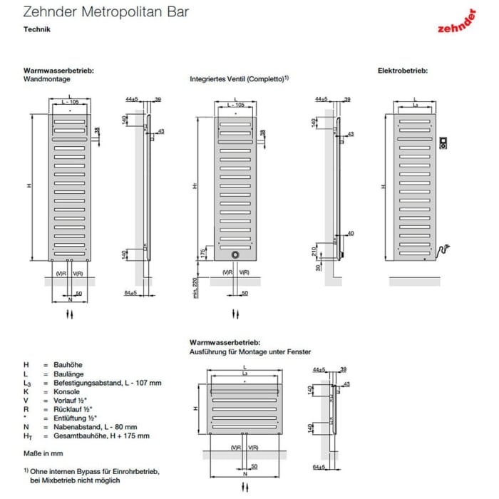 Zehnder Metropolitan Bar MEP-120-050 Badheizkörper 50 x 122,5 cm