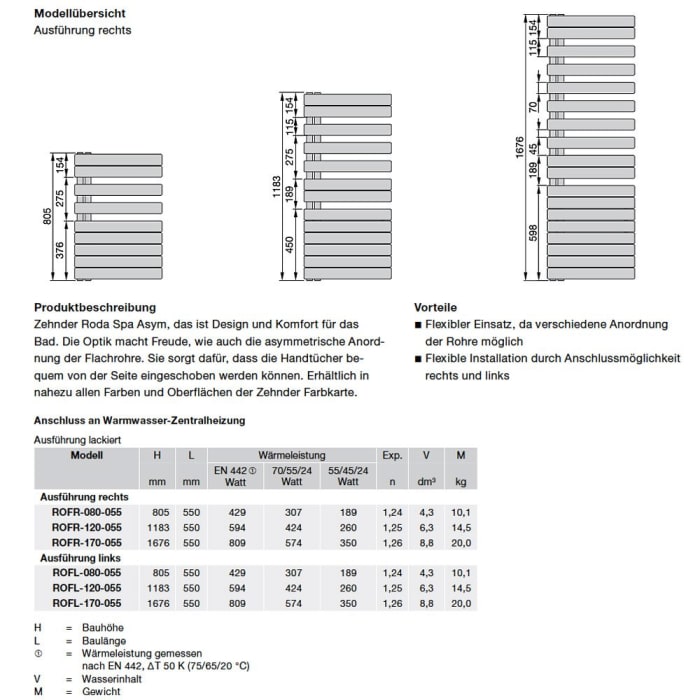 Zehnder Roda Spa Asym ROFR-120-055 Badheizkörper, rechts 55 x 118,3 cm