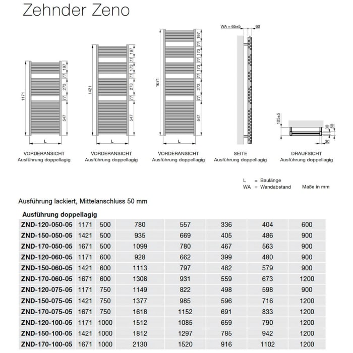 Zehnder Zeno ZND-150-075-05 Badheizkörper doppellagig 75 x 142,1 cm mit Mittelanschluss