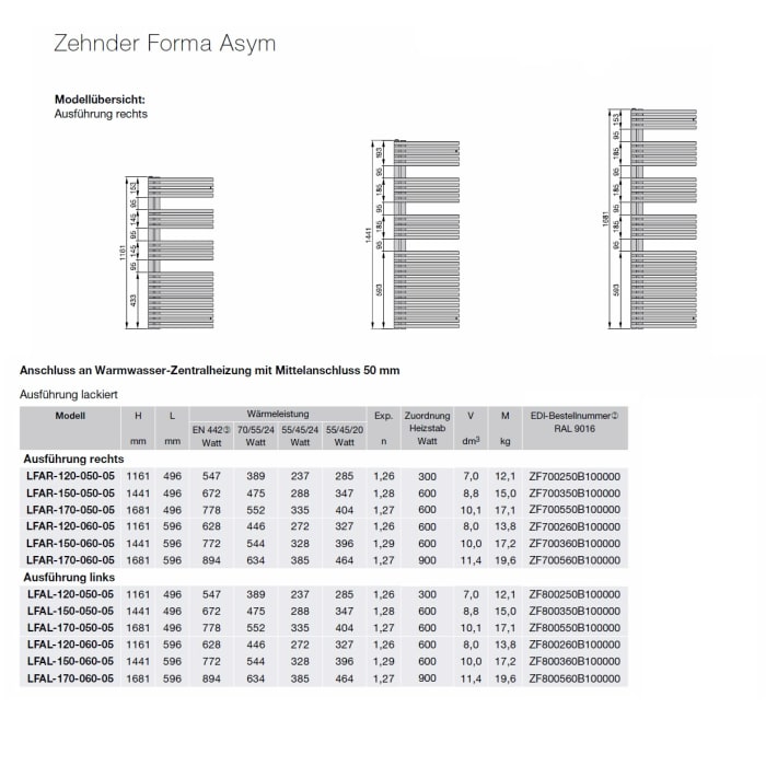 Zehnder Forma Asym LFAL-150-050-05 Badheizkörper 49,6 x 144,1 cm