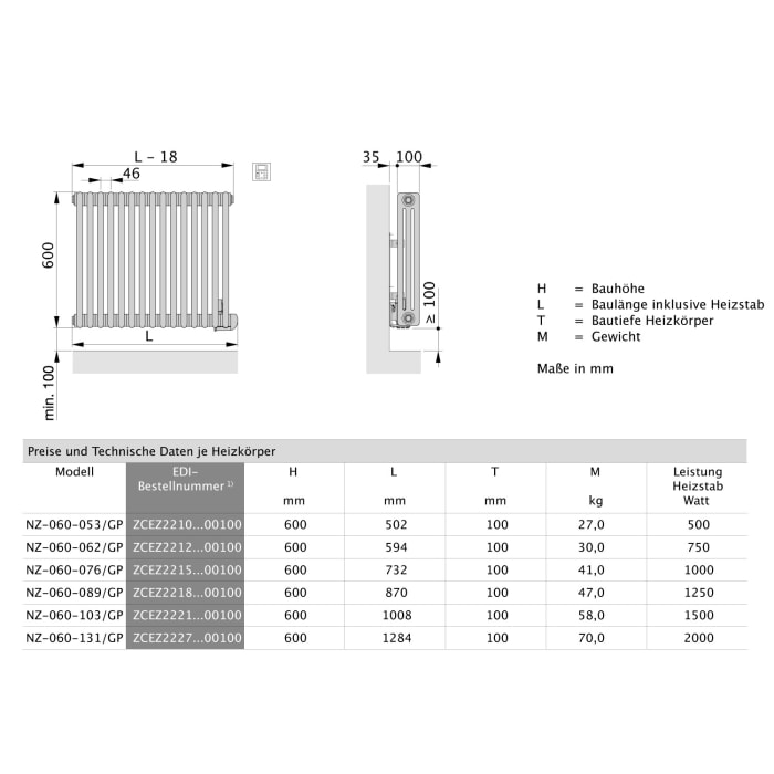 Zehnder Charleston NZ-060-103/GP Heizkörper 100,8 x 60 cm Elektro-Anschluss