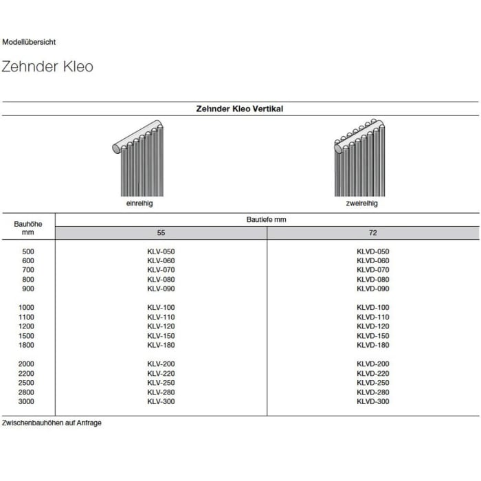 Zehnder Kleo KLV-200 Heizkörper 26,6 x 5,5 x 200 cm Anschluss 3570