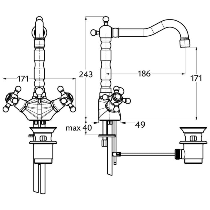 Herzbach ANAIS CLASSIC Waschtisch-Einlochbatterie mit Ablaufgarnitur