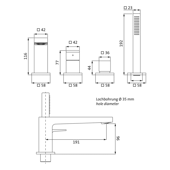 Herzbach CEO BLACK Vierloch-Wannenarmatur mit Auslauf, für Fliesen- oder Wannenrandmontage