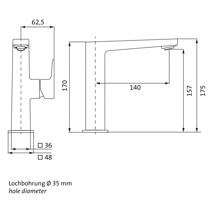 Herzbach CEO BLACK Waschtisch-Einlochbatterie L-Size ohne Ablaufgarnitur, Griff seitlich