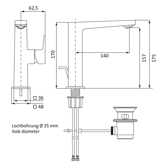 Herzbach CEO Waschtisch-Einlochbatterie L-Size mit Ablaufgarnitur, Griff seitlich