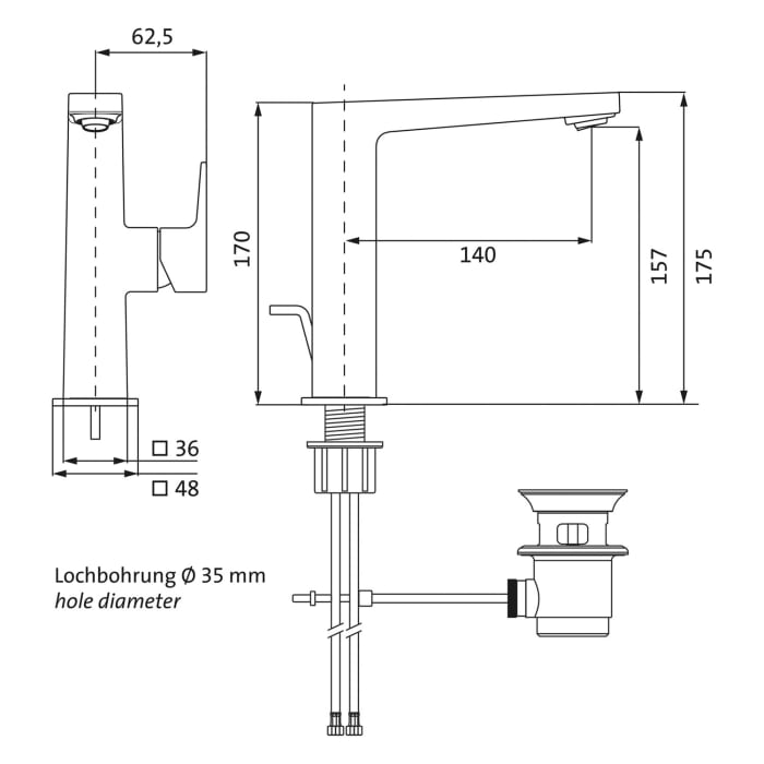 Herzbach CEO IX-FINISH Waschtisch-Einlochbatterie L-Size mit Ablaufgarnitur, Griff seitlich