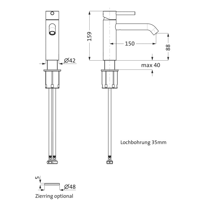 Herzbach DEEP Waschtisch-Einlochbatterie M-Size ohne Ablaufgarnitur, Ausladung 15 cm