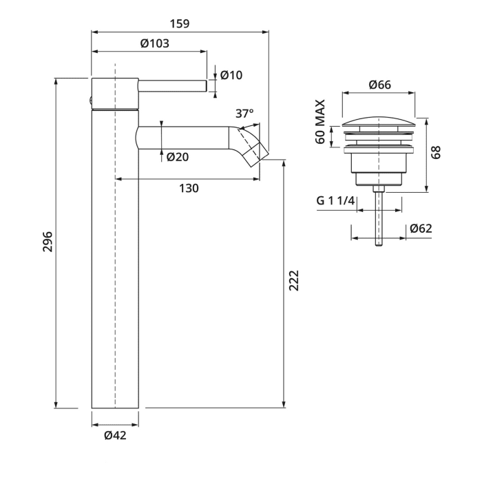 Herzbach DEEP IX Waschtischmischer XL-Size 13 cm mit PUSH-Ablaufventil