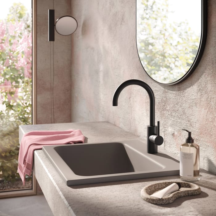 Herzbach DEEP BLACK Waschtischmischer L-Size Griff seitlich mit PUSH-Ablaufventil