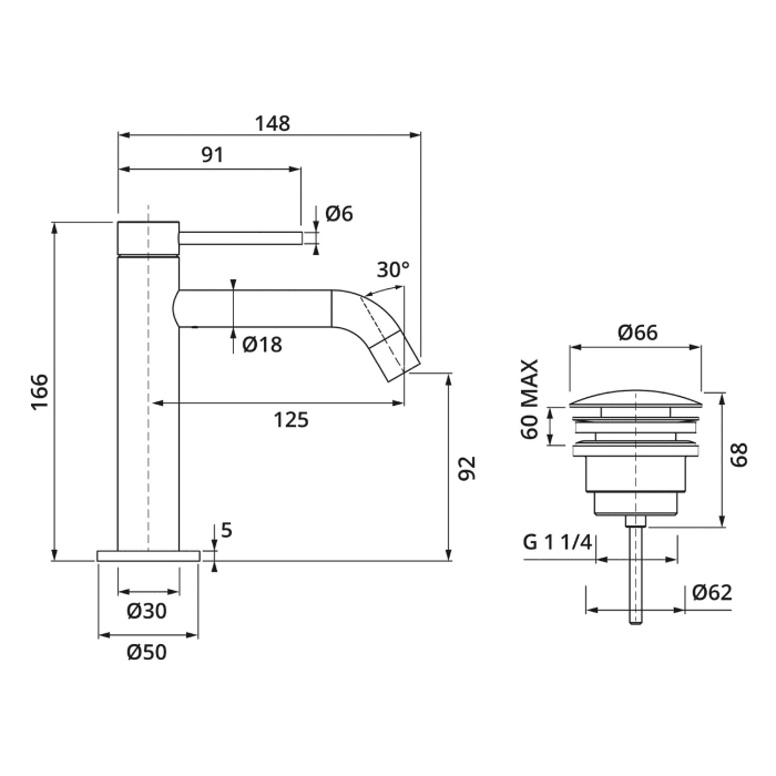 Herzbach DEEP BLACK Waschtischmischer Slim S-Size mit PUSH-Ablaufventil