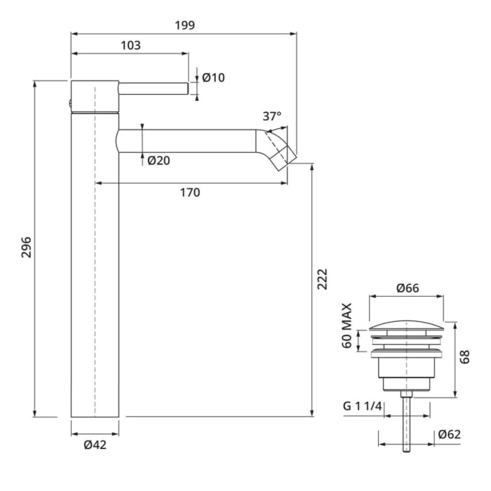 Herzbach DEEP BLACK Waschtischmischer XL-Size 17 cm mit PUSH-Ablaufventil