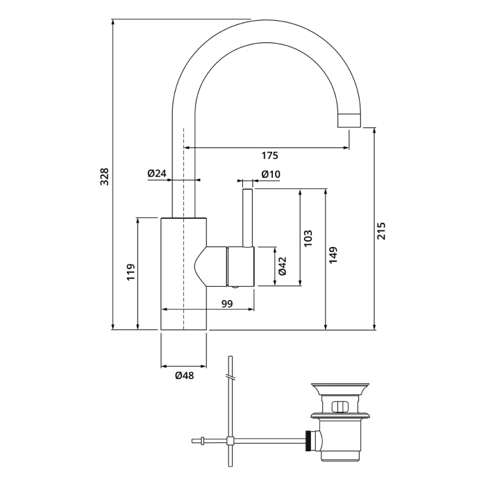 Herzbach DEEP Waschtischmischer L-Size Griff seitlich mit Zugstangen-Ablaufgarnitur