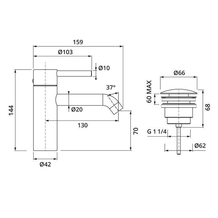 Herzbach DEEP Waschtischmischer S-Size 13 cm mit PUSH-Ablaufventil