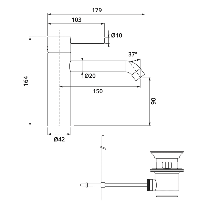Herzbach DEEP Waschtischmischer M-Size 15 cm mit Zugstangen-Ablaufgarnitur