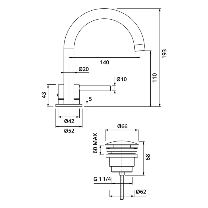 Herzbach DEEP Zweiloch-Armatur 14 cm mit PUSH-Ablaufventil