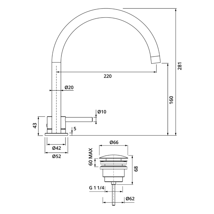 Herzbach DEEP Zweiloch-Armatur 22 cm mit PUSH-Ablaufventil