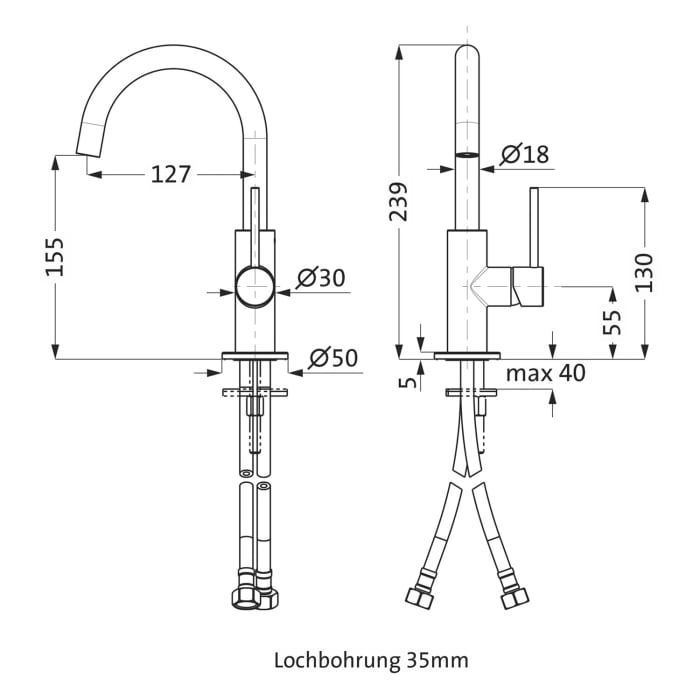 Herzbach DEEP WHITE Waschtisch-Einlochbatterie Slim M-Size ohne Ablaufgarnitur, Griff seitlich